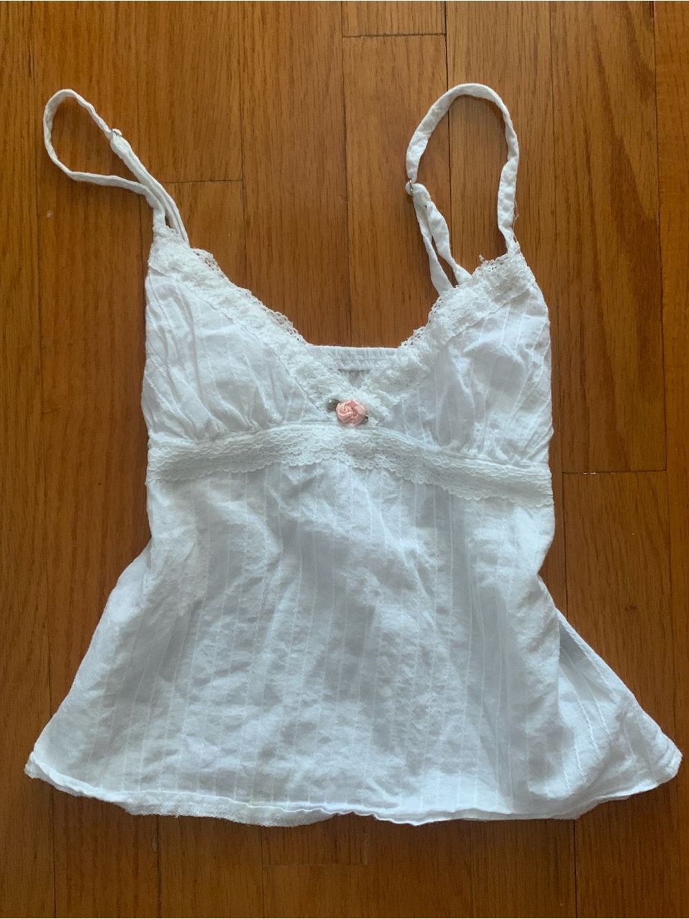 White Lace-Trim Cami Top with Pink Rose Accent